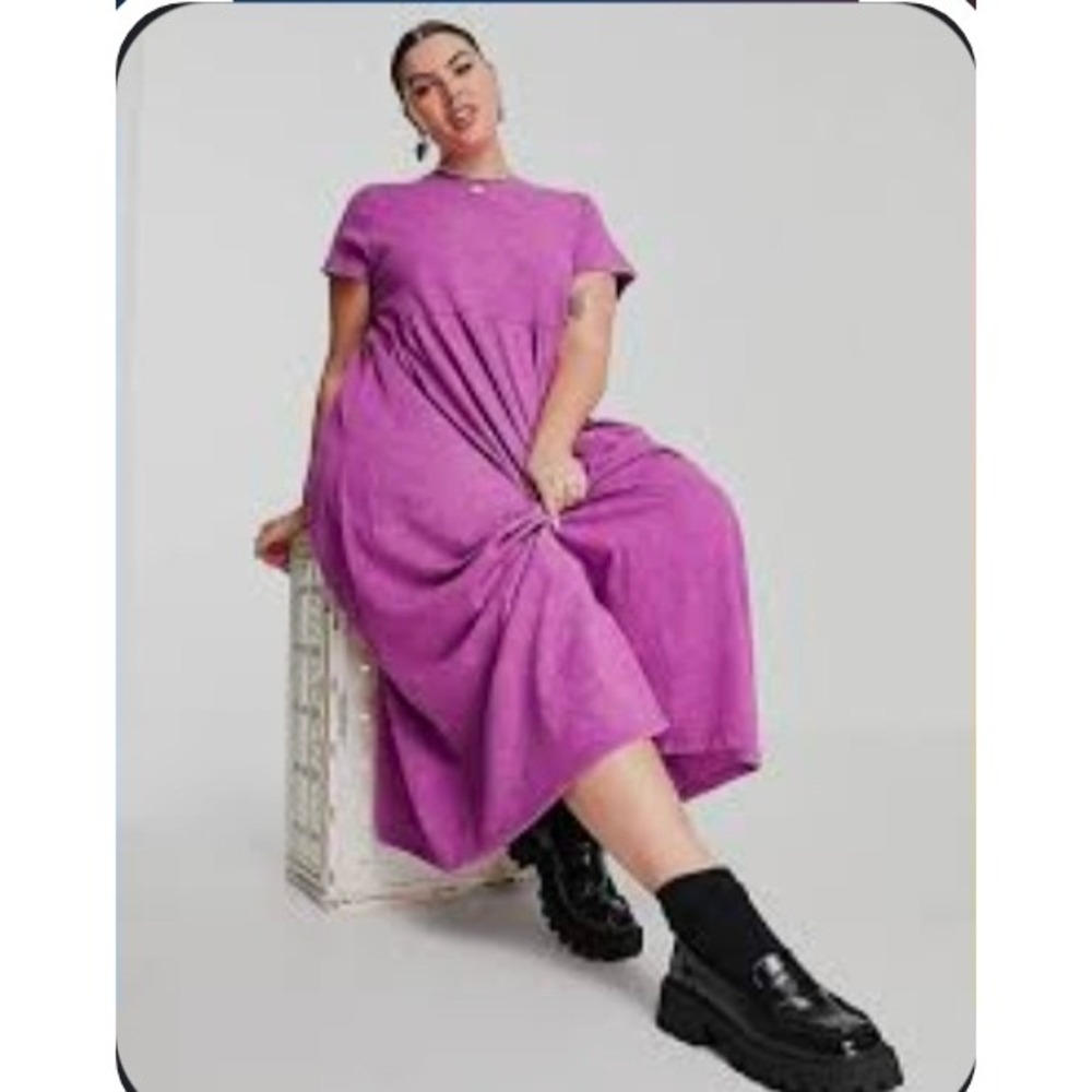 ASOS Curve Purple Maxi T Shirt Dress Size 18 Acid Wash Smock Tie Back Detail - Picture 1 of 13